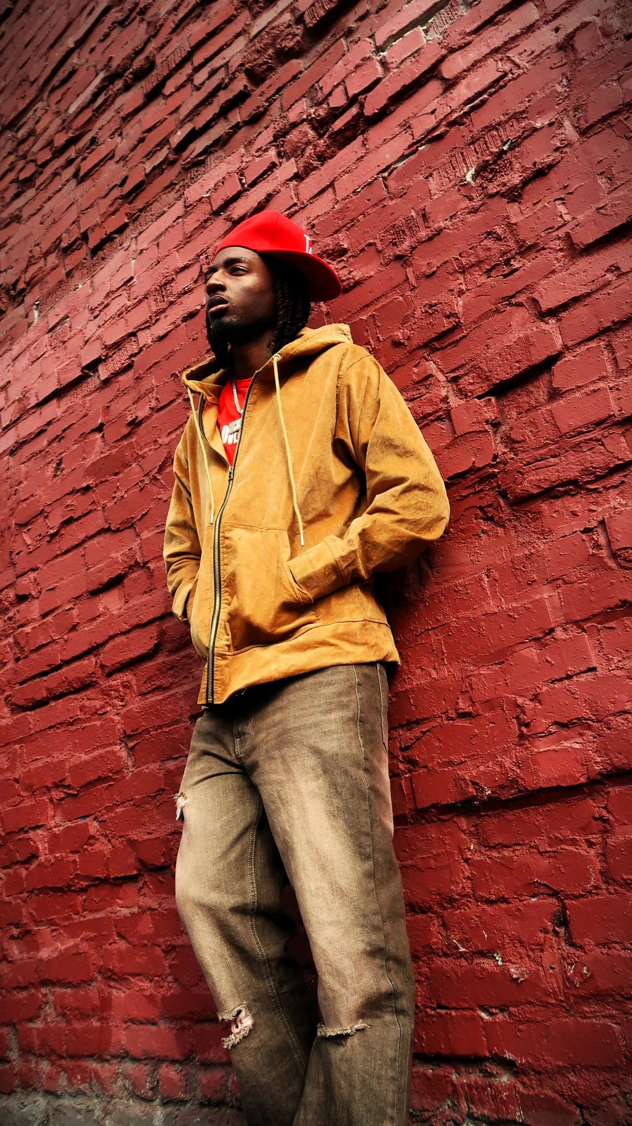 Street editorial at red brick wall