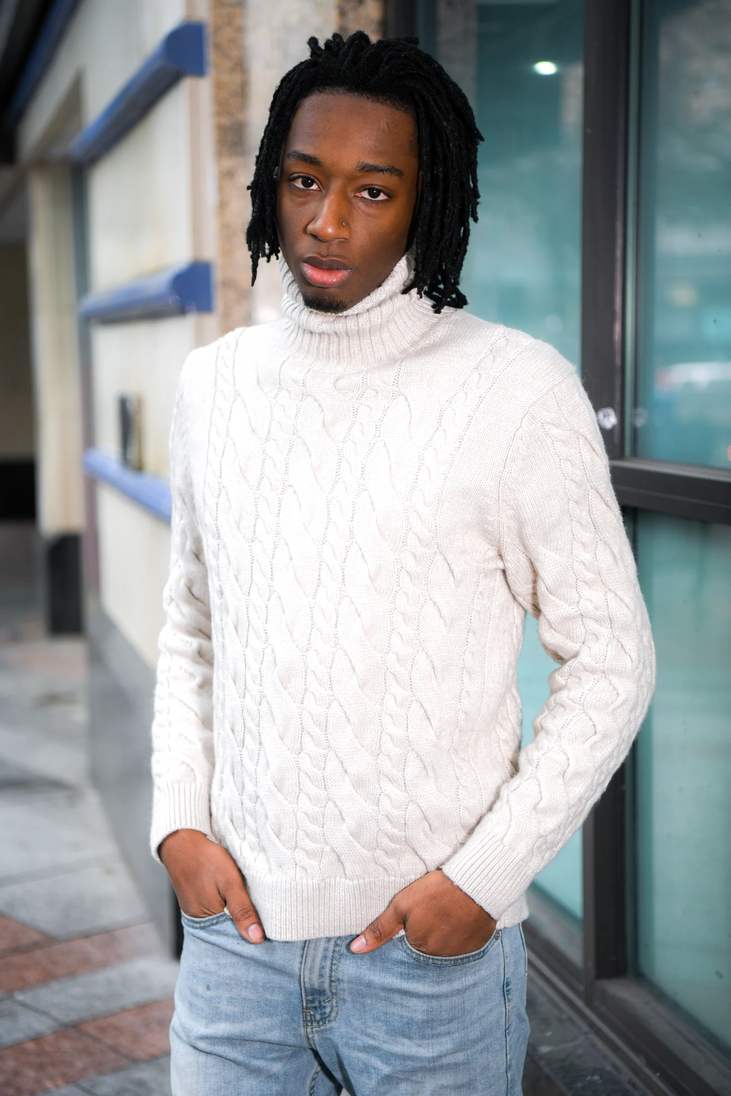 White knit menswear portrait